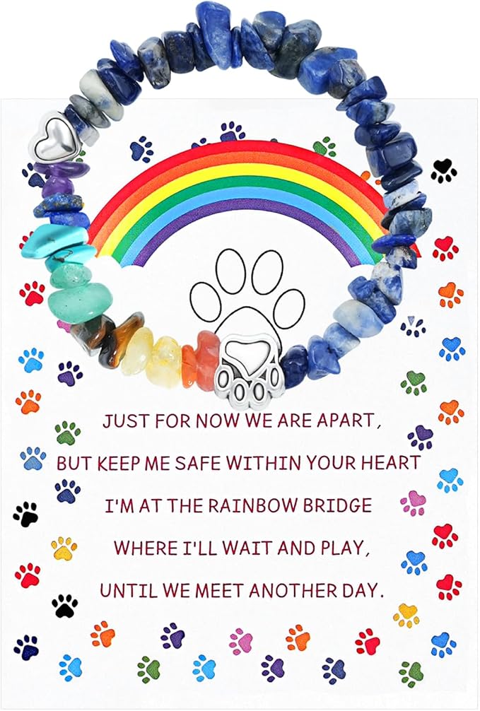 Rainbow Bridge Pet Memorial Bracelet - 7 Colors Chakra, Sympathy Gift for Loss of Dog or Cat, 7MM Mixed Color Gravel Stone, Bracelet for Grieving Pet Owners