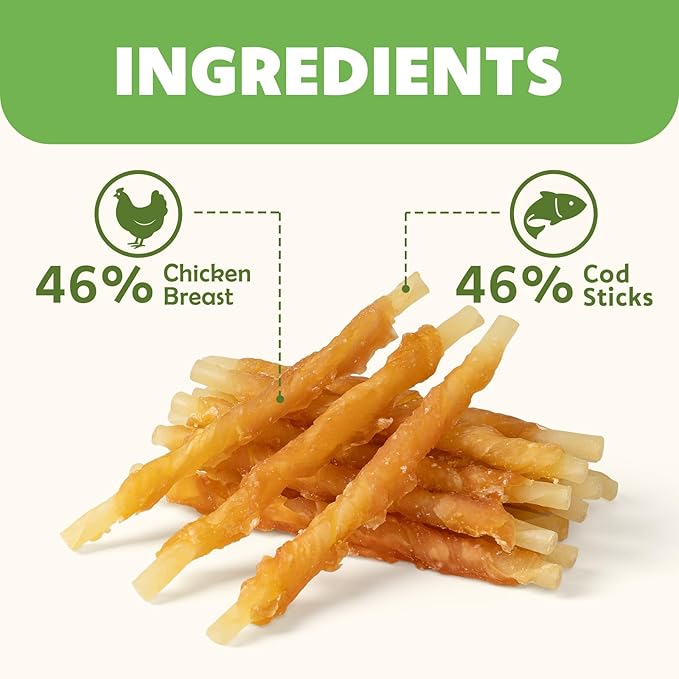 MON2SUN Rawhide Free Dog Treats Chicken Wrapped Cod Sticks for Small Dogs Healthy Training Treats Soft Snacks (31.75 Ounce -Pack of 1)