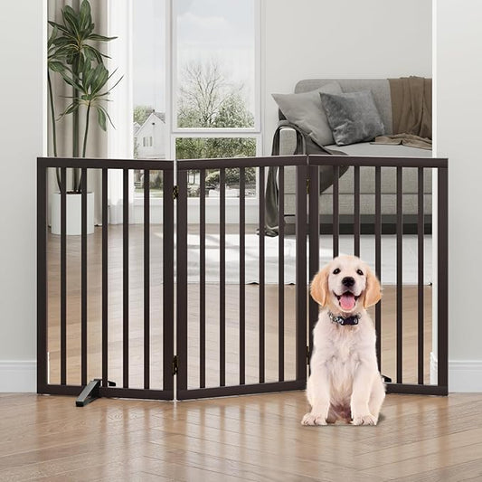 Dog Gates for Doorways, Tall Dog Gate Indoor, Foldable Pet Gates for Doorways Bedroom, Freestanding Puppy Gate with Metal Support Feet, Room Divider,3 Panels (Brown)