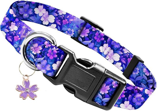 Kazazoo Dog Collar Cute and Soft Nylon Puppy Collar Girl, Adjustable Dog Collars for Small Medium Dogs, Purple Flowers-S