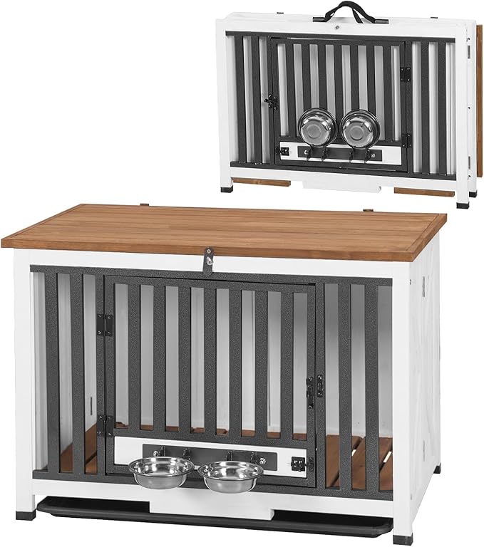 Folding Dog Crate Furniture, Wooden Dog Crate End Table with 360°Rotatable Removable Dog Bowls &Tray, Modern Kennel for Dogs Indoor for Small, Medium Dogs- Portable