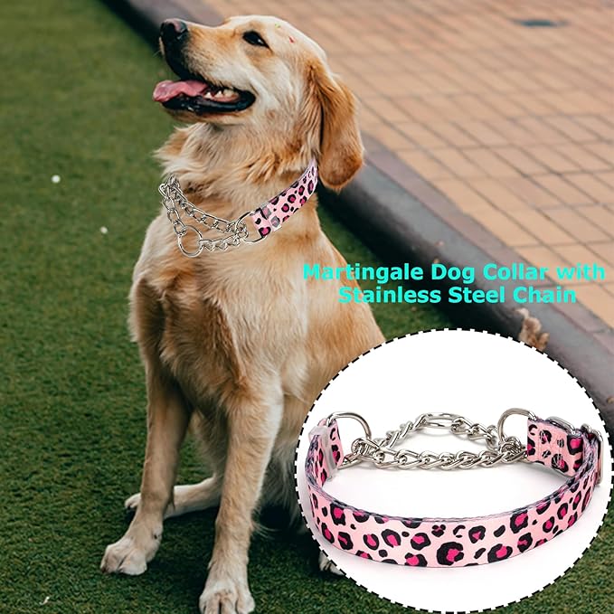 Pink Leopard Martingale Dog Collar, No-Pull Training Collar with Chain, Soft & Durable Design for Medium, Large & XL Dogs (Pink Leopard Medium )