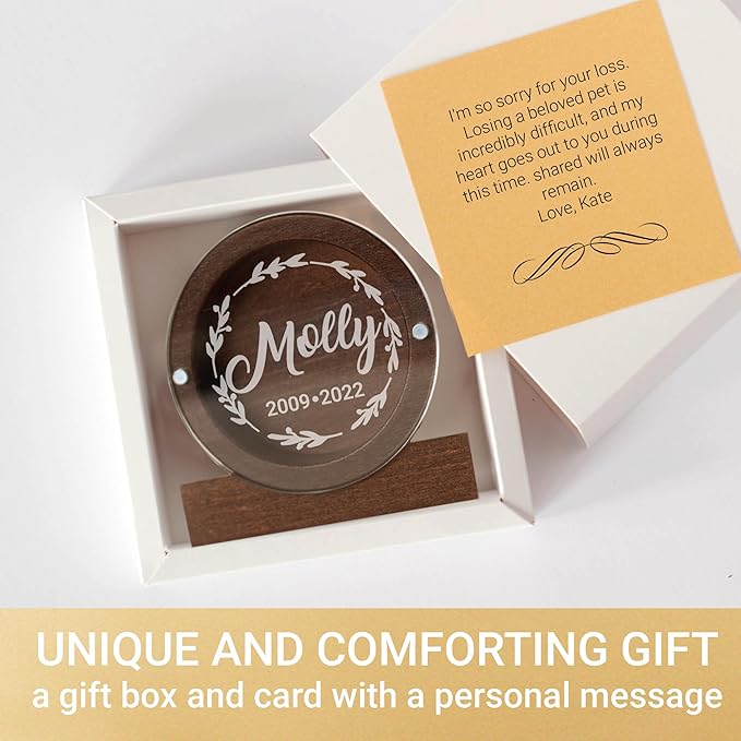 Personalized Pet Hair Keepsake Box for Dog and Cat Fur - Engraved Wood Memorial Box - Unique Customized Gift for Loss of Furry Friend Wooden (Dark Round Wood/Acrylic Lid)