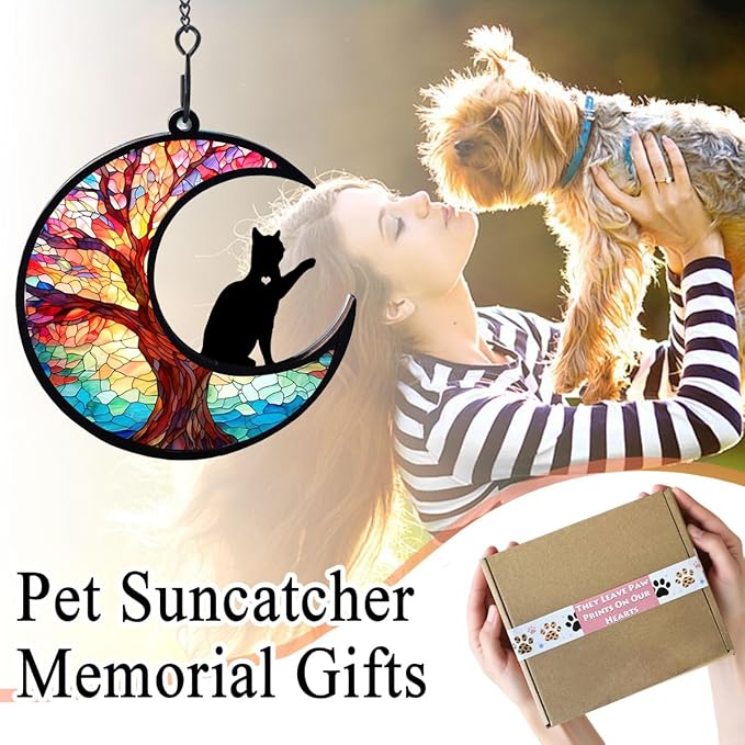 Dog Angel Memorial Suncatcher with Rainbow Bridge Poem Card, Pet Sympathy Gifts for Loss of Dog and Cats, Life Tree and cat