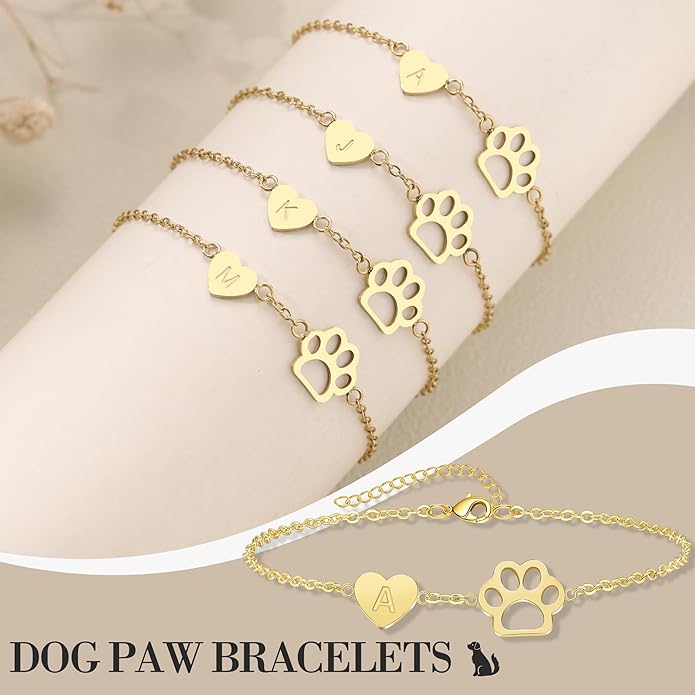 Dog Easter Mom Gifts for Dog Lover Initial Bracelet for Women with Heart Adjustable Pet Paw Gold Bracelets for Women Non Tarnish Memorial Gift for Pet Lover Birthday Jewelry