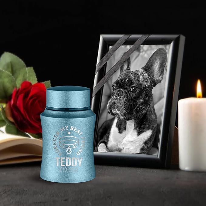 Customized Small Keepsake Urn Personalized Engraved with Pet Name, Date, and Text - 4" Powder Coated Cremation Mini Compact Urn for Dogs Ashes | 5–10 Lbs Capacity | Powder Blue, Forever My Best Friend