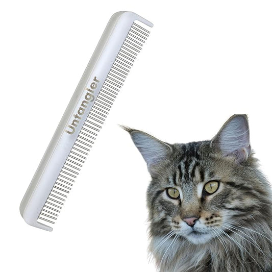 Cat Comb - 7" Dual-Spaced with Silky Smooth Rotating Teeth (White Sheen), Stainless Steel, for Cat Hair and Fur