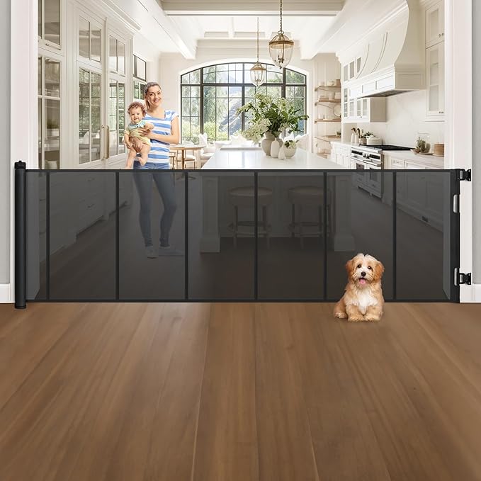120 Inch Extra Wide Retractable Baby Gate for Large Opening, 33” Tall, Upgraded Dog Gate with Fiberglass Rods for Doorways, Indoor & Outdoor and Stairs, Black
