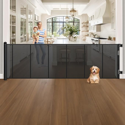 120 Inch Extra Wide Retractable Baby Gate for Large Opening, 33” Tall, Upgraded Dog Gate with Fiberglass Rods for Doorways, Indoor & Outdoor and Stairs, Black