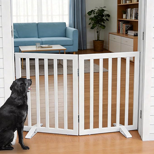 ZJSF Freestanding Indoor Dog Gate for House Foldable Wood White Puppy Gate for Doorways Pet Gate for Stairs Extra Wide Pet Fence 24" Height 2 Panels