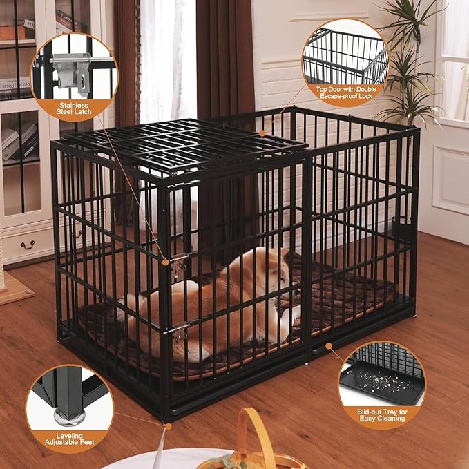 61'' Indestructible Heavy Duty Dog Crate with Cushion, Extra Large Pet Cage Escape Proof Strong Steel Impact for High Anxiety Dogs, Sound Proof Chewproof Kennel 2 Doors, XXL