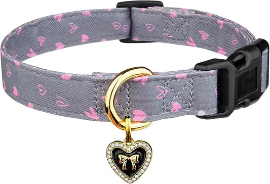 Cotton Handmade Dog Collar Cute and Distinctive Patterns Grey Heart with Pendant for Girl Boy Dogs Collars M