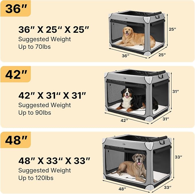 Veehoo Large Dog Crate for Indoor Outdoor, Portable Collapsible Travel Dogs Crate, 36 Inch Soft Foldable Pet Kennel with 4-Door Mesh Windows