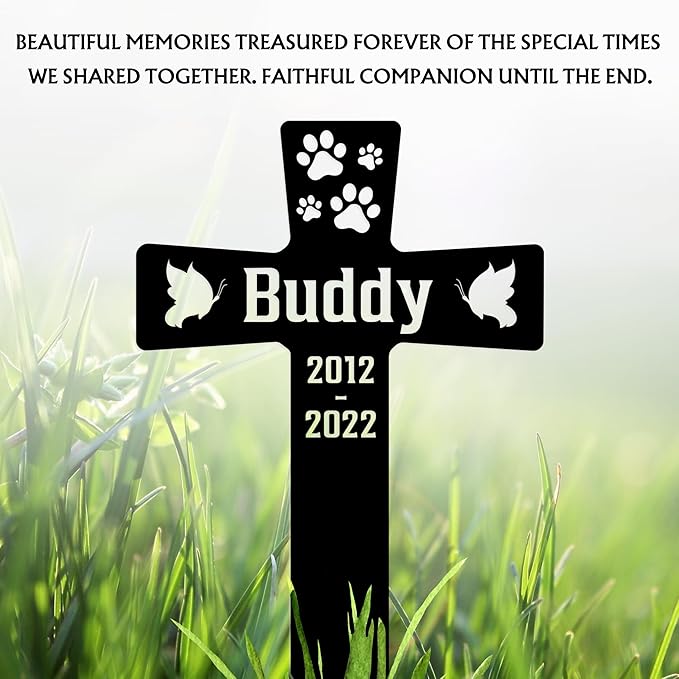 Custom Pet Paws Dog Memorial Cross Grave Marker, Personalized Pet Metal Memorial Stake for Cemetery Yard, Sympathy Grave Marker for Dog with Paws, Memorial Plaque Cemetery Garden Stake