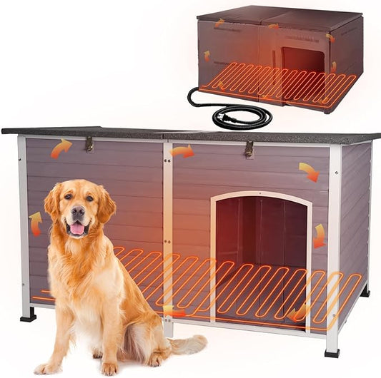 Heated Dog House with Electric Heating Pad Extra Large 59.1" Outdoor & Indoor Dog Kennl with Insulated Liner Keep Warm in Winter, Waterproof Pet Shelter, Strong Metal Frame，35.4"D x 59.1"W x 35.4"H