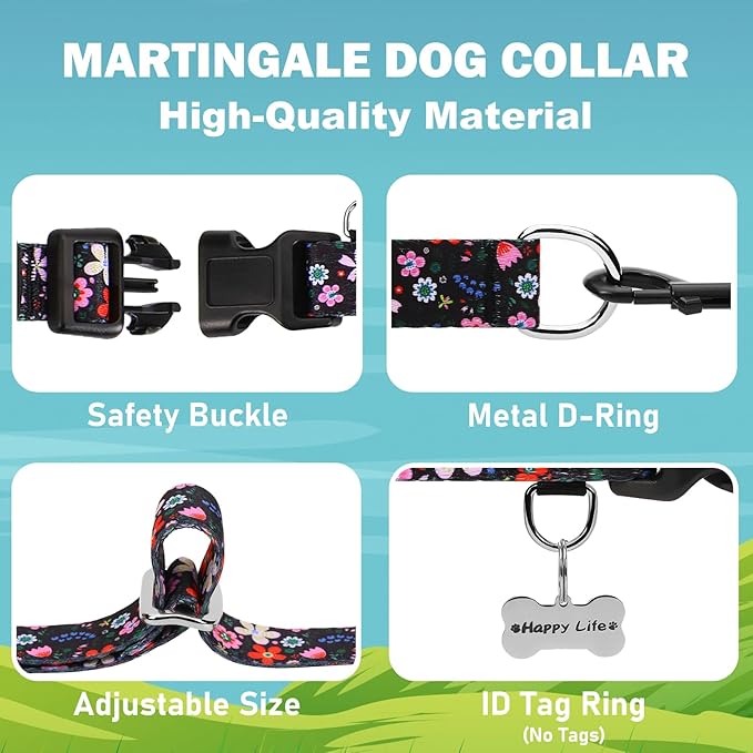 Martingale Dog Collar with Buckle Adjustable Nylon Limited Slip No Pull Training Floral Dog Collars (Black Pink Red, Medium)
