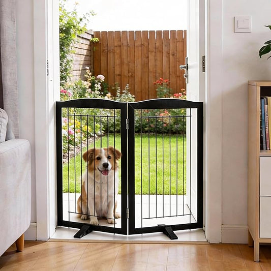 Dog Fence Indoor,Dog Gate Indoor for Doorway pet gate -2-Panel Freestanding, Hallways, House or Stairs -40x32-Inch Retractable Foldable Expandable Wood Pet by SFJC (Black) ﻿