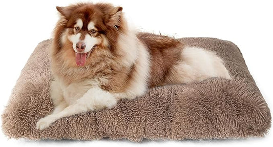 EHEYCIGA Fluffy Dog Crate Bed for Extra Large Dogs, Plush Faux Fur XLP Pad, Calming Anti Anxiety XL Plus Bed for Crate, Washable Soft Warm Dog Mat with Non-Slip Bottom, Camel