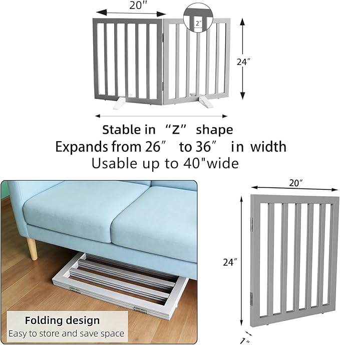 Dog Gate Indoor, Freestanding Dog Fence for The House, Doorways, Hallways,or Stairs,Pet Gate Foldable Wooden,Expandable 24" Height 2 Panels,Grey