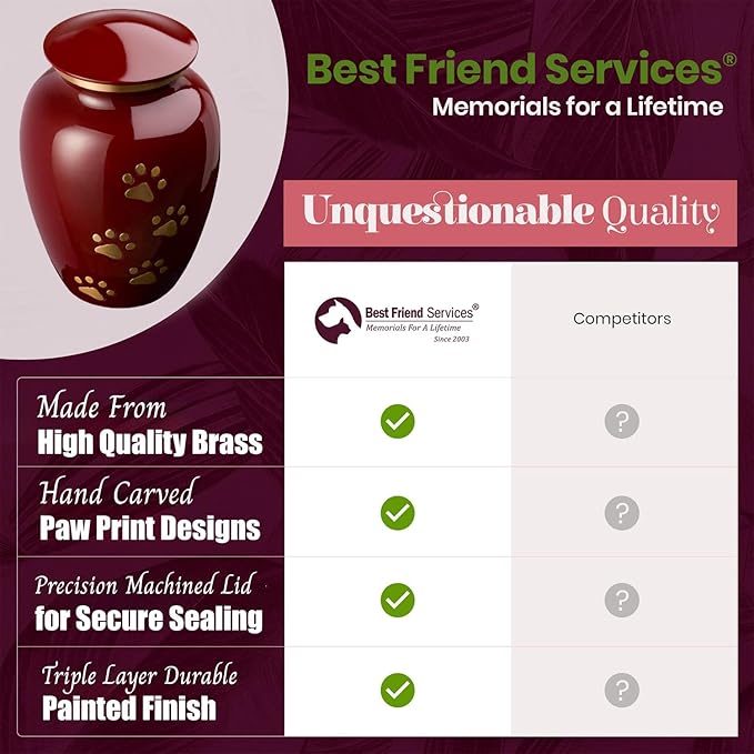 Ottillie Paws Legacy Series Pet Urn for Dogs, Handmade Brass Memorial Cremation Urn (X-Large - Pets up to 170 lbs, Crimson, Brass Vertical Paws)