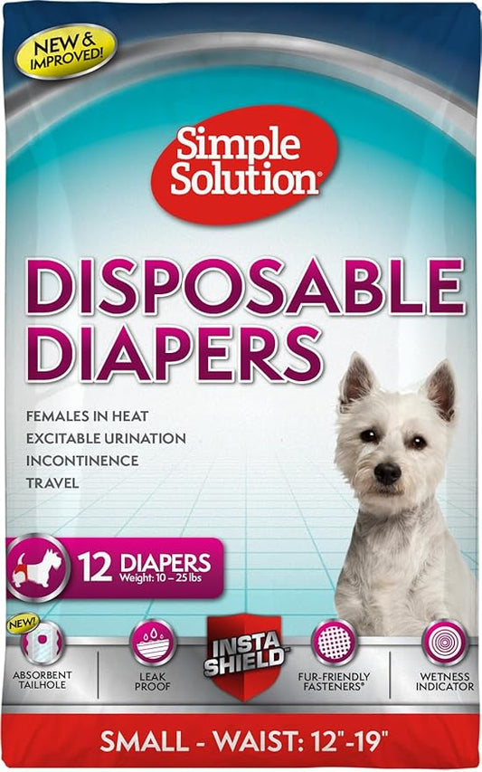 Simple Solution Disposable Female Dog Diapers, Absorbent Leak Proof Protection for Incontinence, Puppy Training, Heat Cycle, Travel, and Housebreaking, Small Dogs, 15–19 Inch Waist, 12 Count