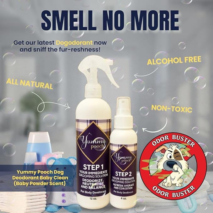 Yummy Pooch Dog Deodorant Baby Clean (Baby Powder Scent) - All-Natural 2-Step Odor Control & Coat Hydration - Includes Bandana & Travel Bag - Made in USA - 8oz and 4oz