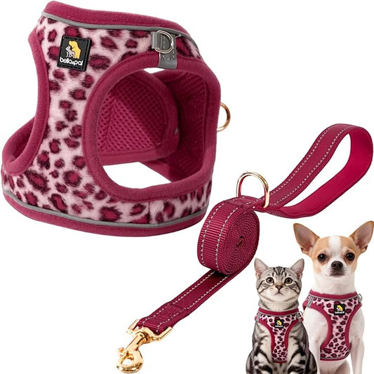 BELLA & PAL Step in Vest Harness for Small and Medium Dogs, No Pull Small Dog Harness with Leash Set, Comfortable Air Mesh Dog Vest Harness with Reflective Strip (Pink Leopard, L)