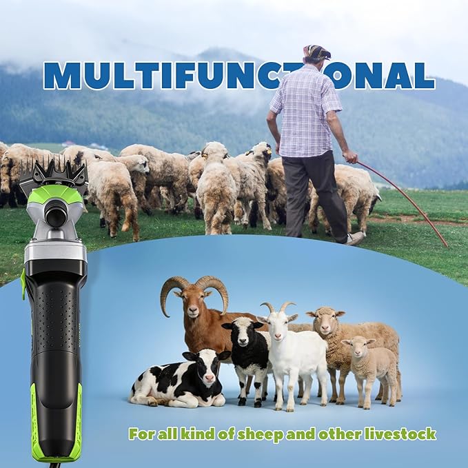 Sheep Shears Professional 850W 2400RPM Heavy Duty with 4 Blades (13-Teeth Straight/13-Teeth Curved/9-Teeth Straight/9-Teeth Curved) 6 Speed Adjustable for Thick Coat Animal (Size: 13.8*3.6")
