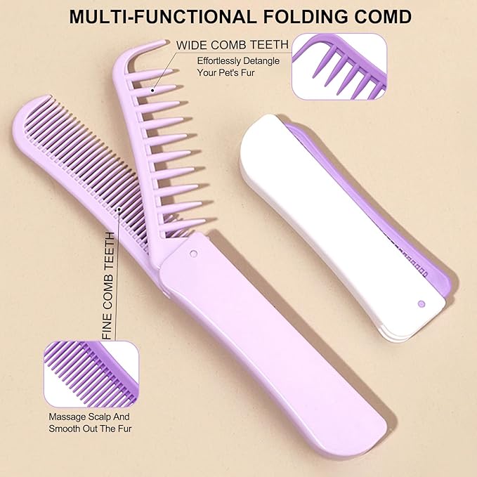 Foldable Dual-Head Puppy Brush, Small Dogs Interchangeable Combs Soft Bristles Portable Grooming Tool, Fit for Yorkie Shih Tzu Maltipoo Maltese (White and Purple)