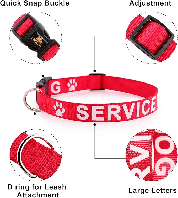 Plutus Pet Service Dog Collar,Printed in Large Letters on Nylon Webbing,Prevents Accidents by Warning Others of Your Dog in Advance,Two Colors,Four Sizes,Neck 8-12 inch,Extra Small,Red