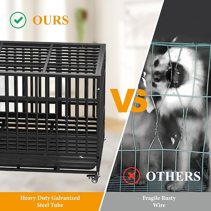 48 Inch Heavy Duty Dog Crates, Escape Proof Dog Cage Large Dogs with Wheels, Indestructible Steel Dog Cage with Upgraded Reinforced Baseplate for High Anxiety Dogs, Dog Kennel Indoor Outdoor