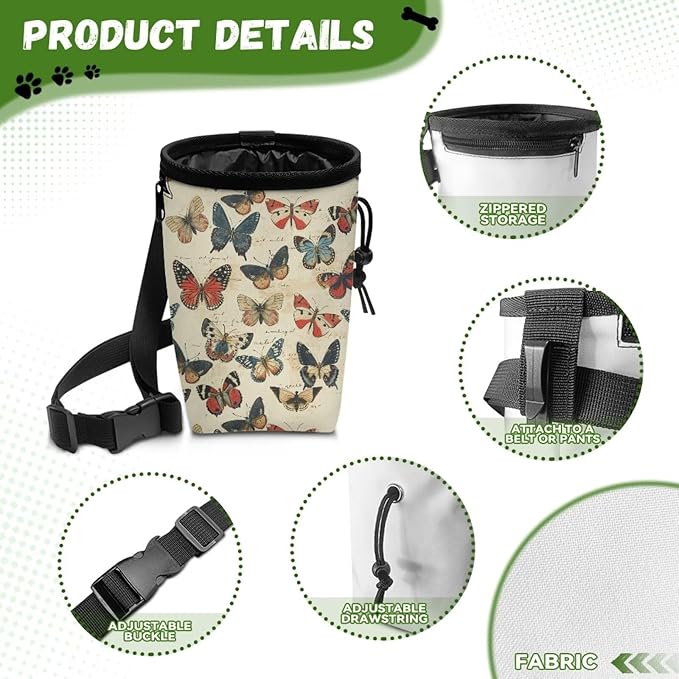 Vintage Butterfly Dog Treat Bag Puppy Training Pouch Animal Walking Snack Container Dog Food Dispenser Pet Feed Snack Reward Pocket for Pet Puppy Travel or Outdoor Use