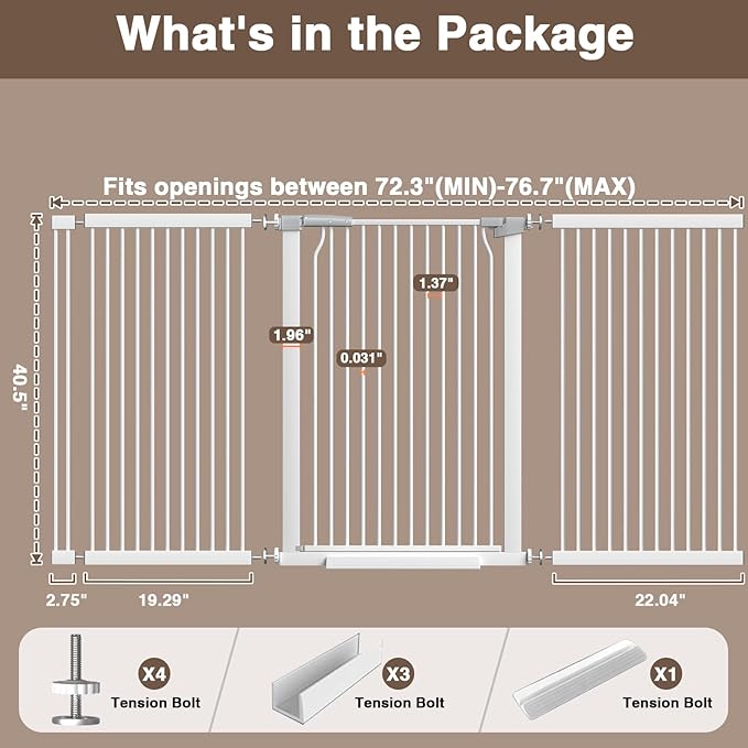 41" Extra Tall Baby Gate for Doorways and Stairs No Drill, Adjustable 72.3-76.7" Auto Close Dog Gate Indoor, Pressure Mounted Walk Through Swing Wide Pet Gate, Tall Cat Gate with Expansion Kit, White