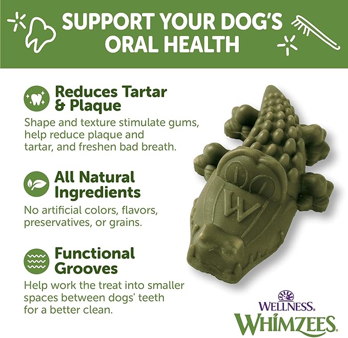 Whimzees Wellness Alligator Dog Dental Treats, Small Size, (24 Count)