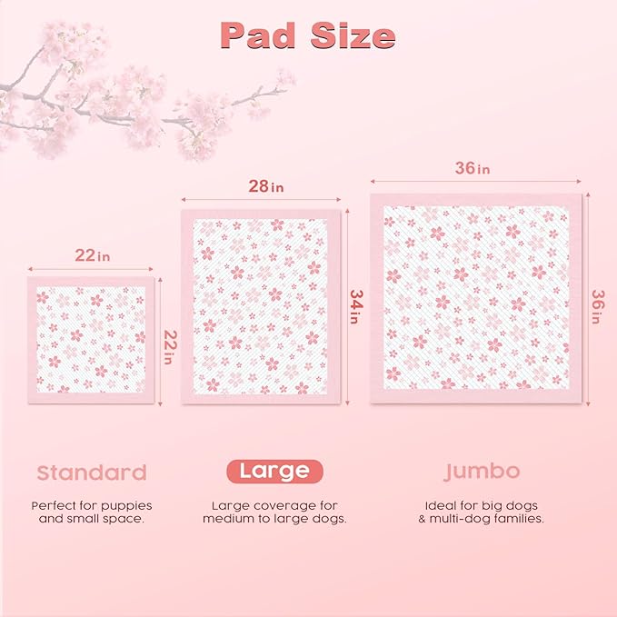 MIZOK Dog Pee Pads Extra Large 28"x34", Potty Pads for Big Dog Breeds, Super Absorbent & Leak-Proof, Pink Cherry Blossom Prints, Thick & Heavy, 4-Corner Adhesive Tabs, XL (30 Counts)