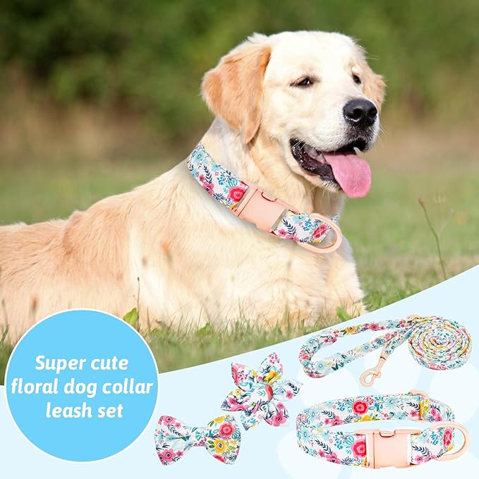 Dog Collar and Leash Set Girls Adjustable Puppy Collars with Floral Bow Tie for Small Medium Large Female Dogs, Teal Flower, S