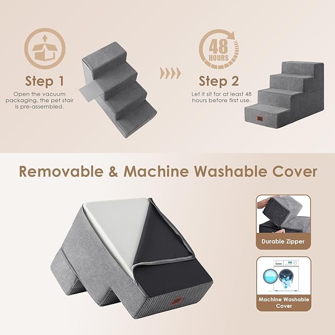 EHEYCIGA Dog Stairs for Bed 20" H, 4-Step Extra Wide Dog Steps for High Bed, Pet Steps for Small Dogs and Cats, Non-Slip Balanced Pet Ramp Indoor, Grey
