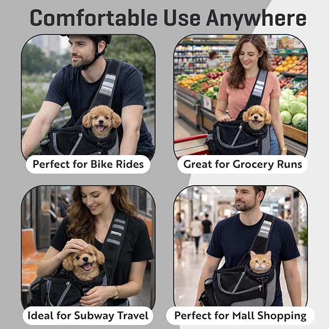 Hands-Free Sling Pet Carrier for Cats and Small Dogs up to 12lbs – Travel Set Includes Foldable Water Bowl & ID Card – Breathable Mesh, Safety Hook & Adjustable Padded Strap for Walking & Travel