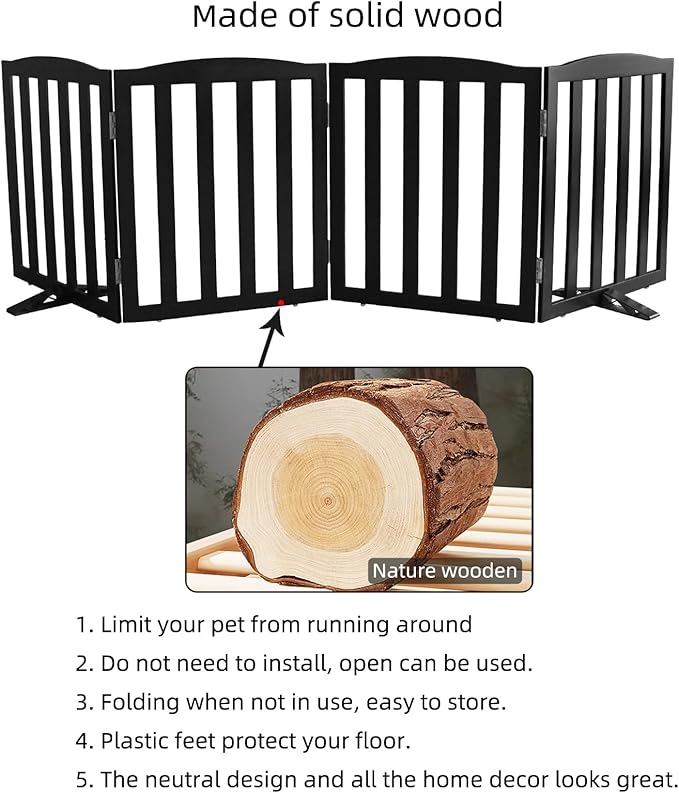Freestanding Dog Gate Indoor,Doggie Gate Foldable Pet Gates for Doorways,Stairs or Hallways, Wooden Black Pet Gate for the House, Pet Fence with Support Feet Included,24 "Height-4 Panels
