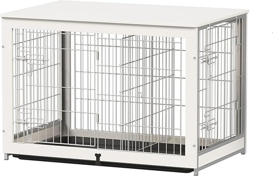 Piskyet Wooden Dog Crate Furniture with Divider Panel, Dog Crate End Table with Fixable Slide Tray, Double Doors Dog Kennel Indoor for Dogs(L:37.8" L*25.1" W*26.3" H,White)