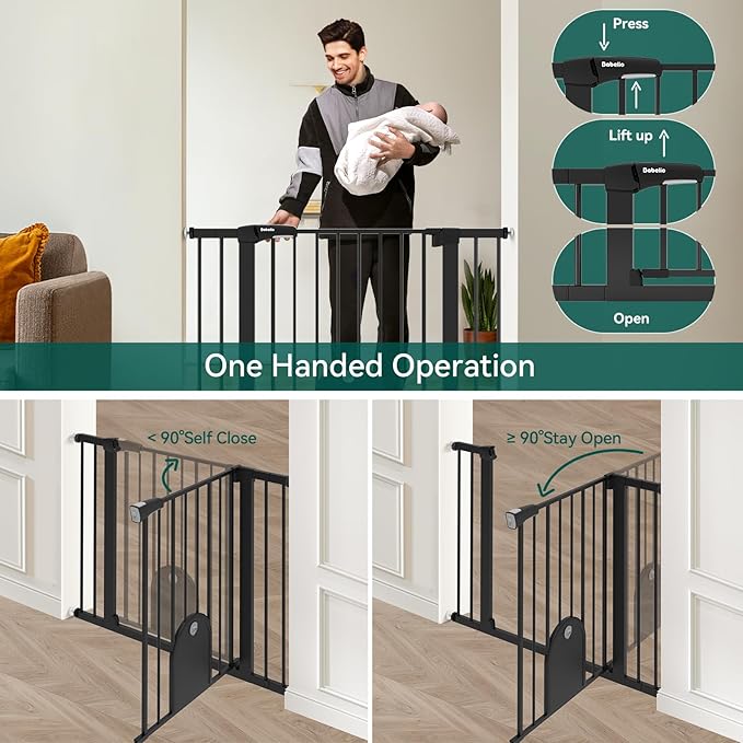 BABELIO 30-43" Baby Gate with Cat Door, Adjustable Metal Pet Door, Auto Close Dog Gate Indoor, No Drilling Pressure Mounted Easy Walk Thru for Doorway and Stairs, Black