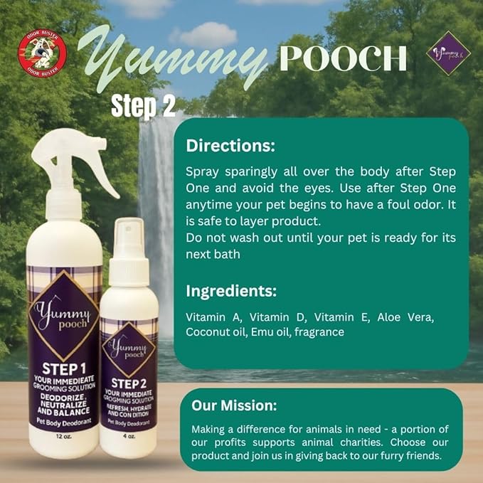 Yummy Pooch Dog Deodorant Bear (Mountain Spring Fresh Scent) - All-Natural 2-Step Odor Control & Coat Hydration - Includes Bandana & Travel Bag - Made in USA - 8oz and 4oz