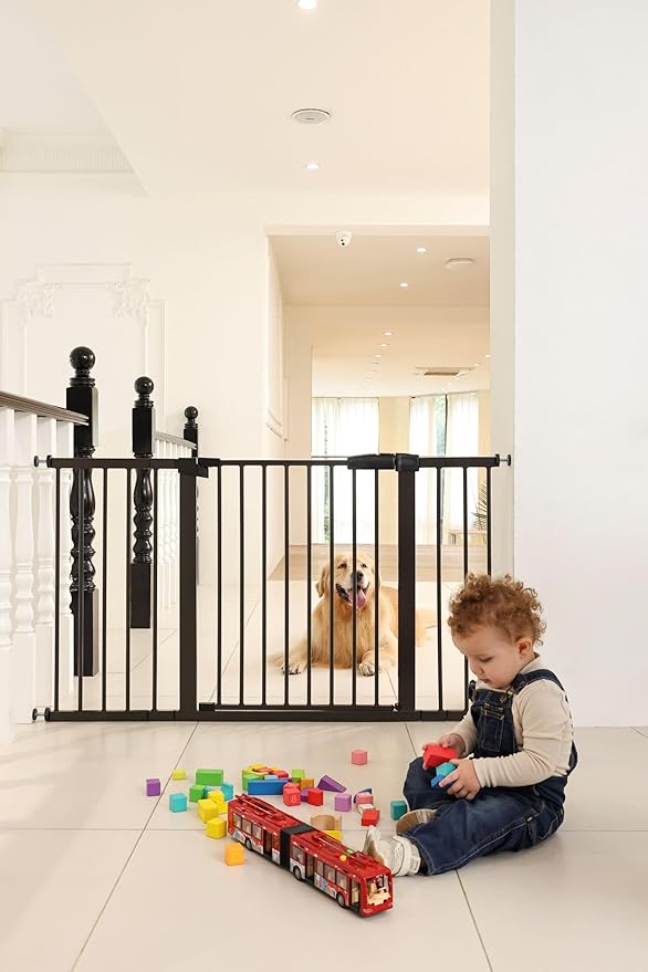 29"-57" Baby and Pet Safety Gate, 30" Tall Metal Walk-Thru Gate for Doorways & Stairs, Easy One-Hand Open, Dual Lock, Extensions & Wall Mounts Included (White, 29"-54" W x 30.5“H)