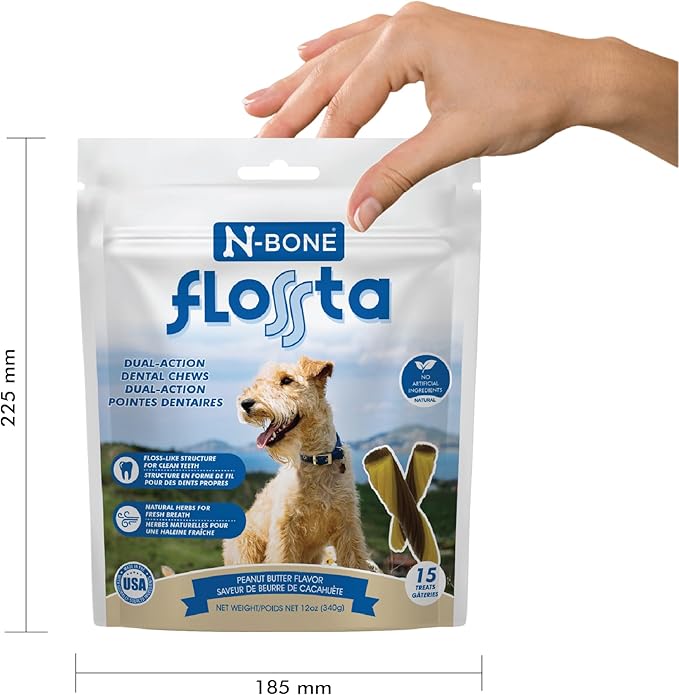 N-Bone Flossta Dual Action Dental Chews for Dogs, Unique Twist Shape for Deep Teeth Cleaning and Proactive Dental Care, Peanut Butter Flavor, 8 Count 6.4-oz Bag