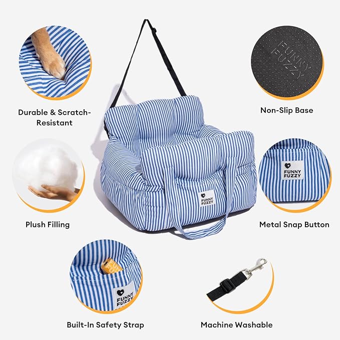 Funny Fuzzy Dog Car Booster Seat for Small Medium Dogs Up to 25lbs, Waterproof Fabric with Non-Slip Base & Safety Leash, Fully Detachable & Machine Washable (Light Blue)