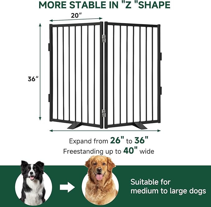 Snagle Paw Metal Freestanding Dog Gate,40” W x 36” H Dog Fence with Support Feet for Doorways, Stairs and Hallways, Portable Pet Gate for Indoor Use (2 Panel, Black)
