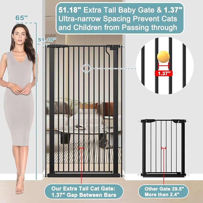 51.18" Extra Tall Pet Gate for Cats Dogs-29.6"-48.4" Extra Wide Baby Cat Gate for Stairs and Doorways-1.37" Ultra Narrow Spacing Dog Gate Dog Door with One-Handed Operation(29.6"-48.4")