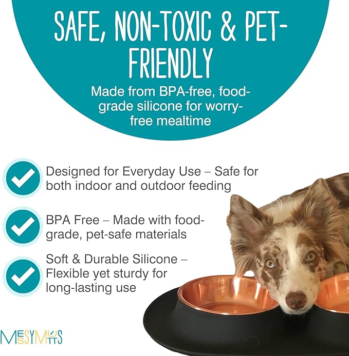 Messy Mutts Double Silicone Feeder with Copper-Colored Stainless Bowls | Non-Skid Food Dishes for Dogs for All Pets | Dog Food Bowls | Large, 3 Cups Per Bowl | Black