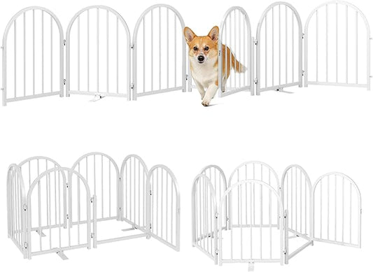 Full Metal Dog Gate with Door for Indoor Outdoor, 24" Tall Free Standing Pet Dog Fence, 108" Extra Wide Pet Gates for Stairs, Hallways, Doorways, Kitchen, Decks, Yards (White, 6 Panels)