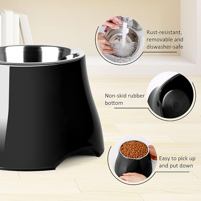 Dog Bowls,Cone Friendly Non Slip Single Dog Bowl with Stainless Steel Inner, Raised Bowls for Small Dogs Spaniel Dogs Long Ear, High Capacity, S/1 Cup Black